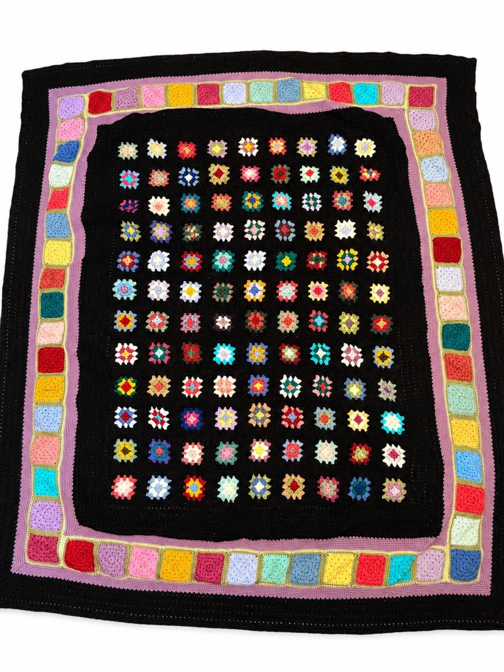 Vintage Handmade Crochet Granny Square  Blanket Black Rainbow Boho 63x67